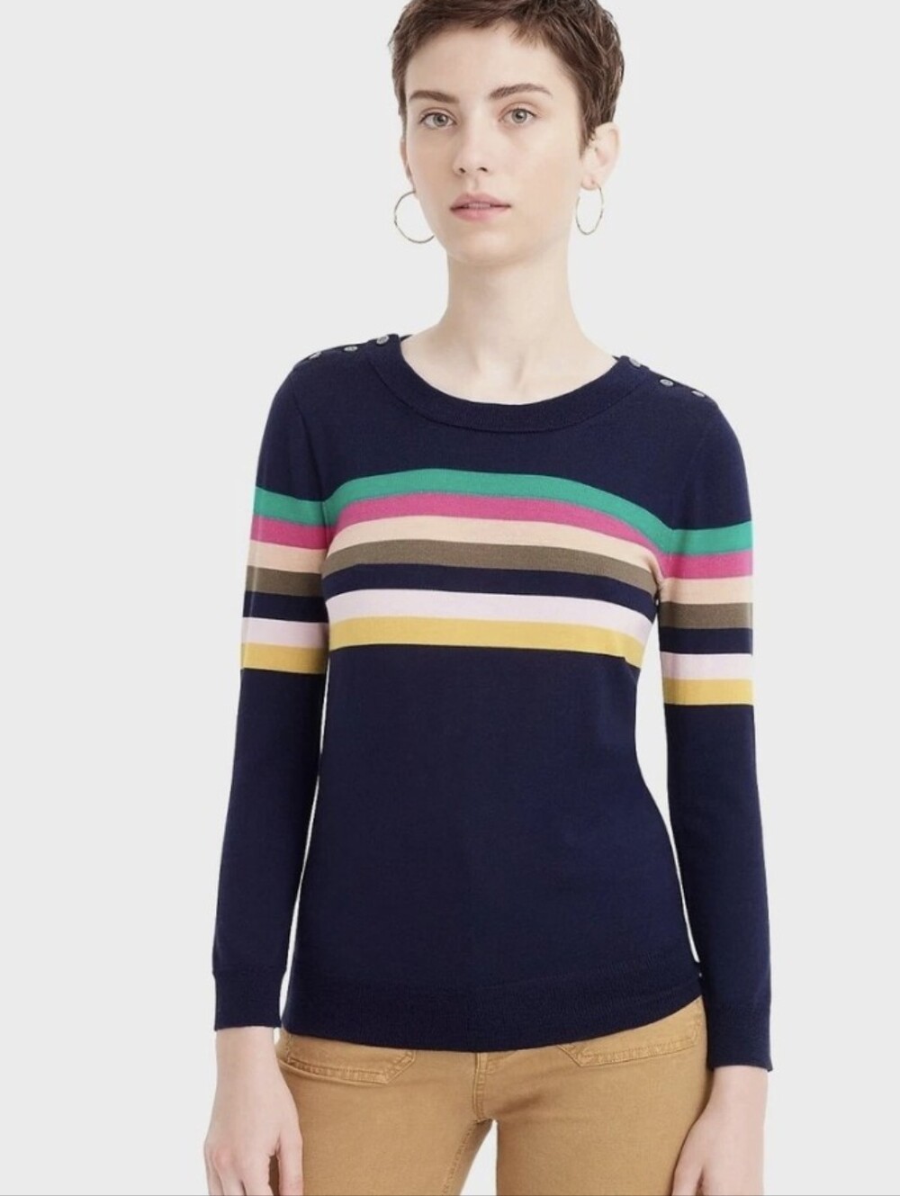 J. Crew Navy Multi-stripe Tippi Sweater 100% Merino Wool Size Small S
